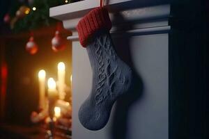 Christmas sock for Santa Claus gifts on fireplace on Christmas tree background. AI generated photo