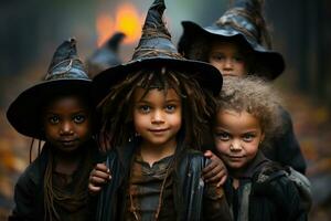 Children in costume celebrating Halloween. AI generated photo