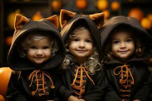 Children in costume celebrating Halloween. AI generated photo