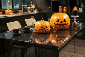 Modern kitchen interior decorated for Halloween, orange pumpkin jack lantern on table. AI generated photo