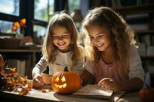 Happy smiling children carve traditional pumpkin jack-o-lantern. AI generated. photo