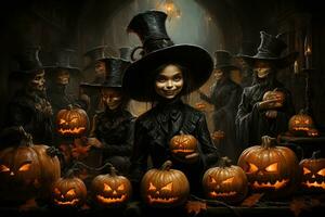 Halloween character, witch in hat on jack lantern background. AI generated photo