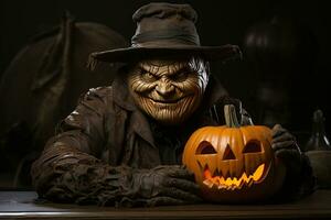 Halloween character, monster on jack lantern background. AI generated photo