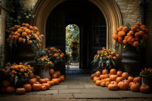 Pumpkins and flowers, rustic decoration of exterior building outdoors. AI generated. photo