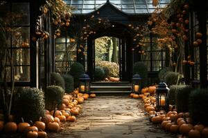 Pumpkins and flowers, rustic decoration of exterior building outdoors. AI generated. photo