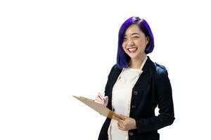 Portrait of young fashion designer and dressmaker or tailor in formal cloth with dyed blue hair holding clipboard isolated on white background for business people usage photo