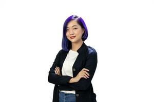Portrait of young smart businesswoman in formal cloth with dyed blue hair cross hand isolated on white background for business people usage photo