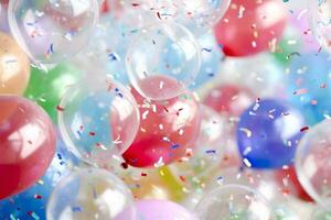 Colorful balloons with confetti and ribbons. Generative AI. photo