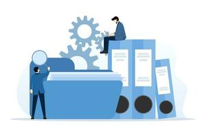 File search concept. Worker searches for files. employee uses a magnifying glass. File binder, blue folder with documents. File manager, data storage and indexing. flat vector illustration.