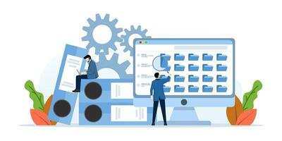 File search concept. Worker searches for files. employee uses a magnifying glass. File binder, blue folder with documents. File manager, data storage and indexing. flat vector illustration.