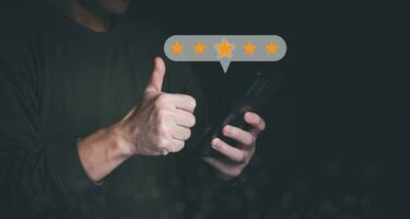 Satisfaction survey concept and customer service, using digital media technology, questionnaire, and rating satisfaction, rating satisfaction five stars, searching for information, online marketing photo