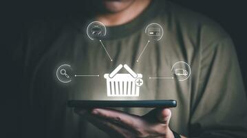 planning and strategy, progress or success concept, shopping cart, and online shopping process Being displayed as a virtual hologram on mobile, online trading, information search, online marketing. photo