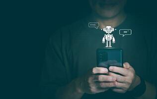 the person touching the virtual screen to use input commands ai, digital transformation management concept Internet of Things, Big Data, Automated Operations, Various Storage, Data Search photo