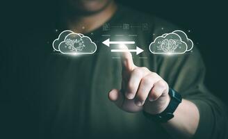 the person touching the virtual screen to use input commands ai, digital transformation management concept Internet of Things, Big Data, Automated Operations, Various Storage, Data Search photo