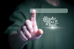 the person touching the virtual screen to use input commands ai, digital transformation management concept Internet of Things, Big Data, Automated Operations, Various Storage, Data Search photo