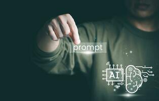the person touching the virtual screen to use input commands ai, digital transformation management concept Internet of Things, Big Data, Automated Operations, Various Storage, Data Search photo