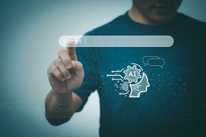 el persona conmovedor el virtual pantalla a utilizar entrada comandos ai, digital transformación administración concepto Internet de cosas, grande datos, automatizado operaciones, varios almacenamiento, datos buscar foto