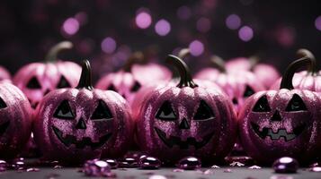 Halloween purple pumpkins on bokeh background with copy space. AI Generative photo