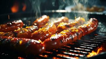 parilla con delicioso A la parrilla salchichas en parrilla al aire libre, de cerca. ai generativo foto