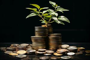 AI Generative. Investment concept, Coins stack with tree growing on top, business growth photo