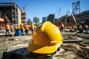 AI Generative. Safety helmet on a construction site photo