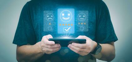 Customer services best excellent business rating experience. Satisfaction survey concept. user gives ratings to service experience on the online application, online marketing, and business processes. photo