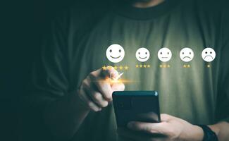 Customer services best excellent business rating experience. Satisfaction survey concept. user gives ratings to service experience on the online application, online marketing, and business processes. photo