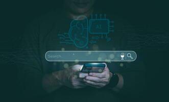 Information search technology, search engine optimization, male hand using a smartphone to search information, using search bar function on your website, Big Data photo