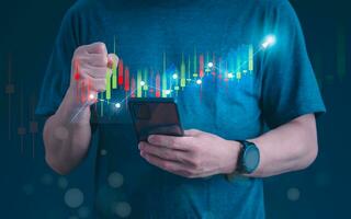 Businessman showing a stock graph and continuous business growth, investment funds in the short stock market and digital assets, analyzing stock chart financial data and forex trading. photo