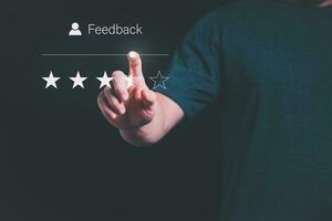 Satisfaction survey concept and customer service, using digital media technology, questionnaire, and rating satisfaction, rating satisfaction five stars, searching for information, online marketing photo