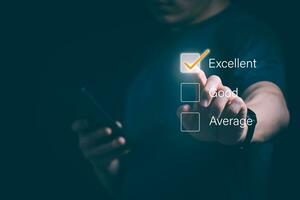 cliente servicios mejor excelente negocio clasificación experiencia. satisfacción encuesta concepto. usuario da calificaciones a Servicio experiencia en el en línea solicitud, en línea marketing, y negocio procesos. foto