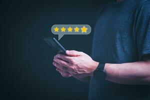 Satisfaction survey concept and customer service, using digital media technology, questionnaire, and rating satisfaction, rating satisfaction five stars, searching for information, online marketing photo