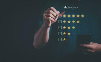 Satisfaction survey concept and customer service, using digital media technology, questionnaire, and rating satisfaction, rating satisfaction five stars, searching for information, online marketing photo