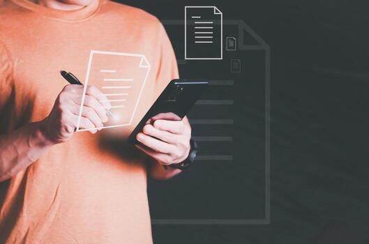 The person signing an electronic document on a smartphone, management concept, digital transformation Internet of Things, Big Data and Business Processes, Automated Operations, Data Storage photo