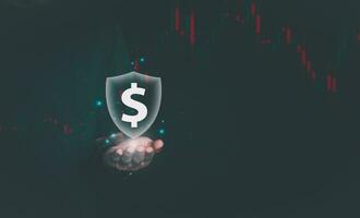 Businessman showing dollar currency with defensive island on hand, and strategy, stock market, business growth, progress or success concept, invest in stock market trading or digital assets, hedging photo