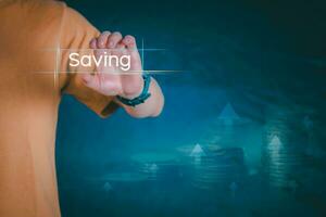 Businessman showing growing real estate savings, planning and strategy Row of coins for finance and business background Progress or successful concept, investing in stock market digital assets photo