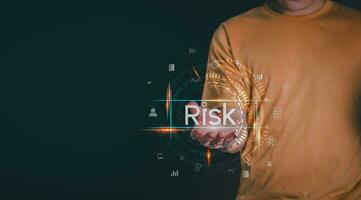 Businessman showing investment risks online With internet technology, management planning, coping concepts, progress or success concept, information search, and business processes photo