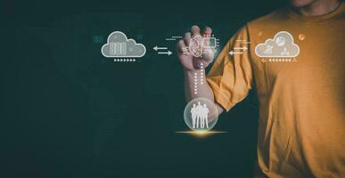 the person touching the virtual screen to use input commands ai, digital transformation management concept Internet of Things, Big Data, Automated Operations, Various Storage, Data Search photo