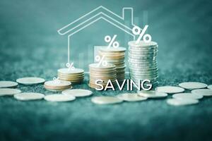 Businessman showing growing real estate savings, planning and strategy Row of coins for finance and business background Progress or successful concept, investing in stock market digital assets photo