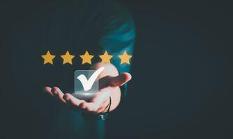 Customer services best excellent business rating experience. Satisfaction survey concept. user gives ratings to service experience on the online application, online marketing, and business processes. photo