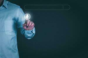 Information data search technology, search optimization, male hand using voice search, using the search bar function on your website, big data, automatic operation photo