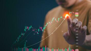Planning and strategy, stock market, business growth, progress or success concept, businessman or trader showing growing virtual holographic stocks, invest in stock market trading or digital assets photo