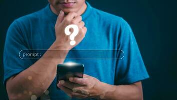 The concept of using digital media, technology, Surfing the world online, males using AI-powered smartphones to command or use social media, remote working concept, working from home via the internet photo