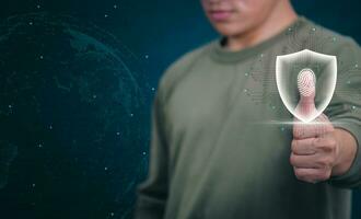 Protection and encryption of fingerprint data with network technology for security. To protect against crimes, hackers, and everyday online attacks, technology, and data security. authentication photo
