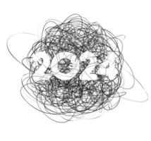 Chaos of creativity in 2024 scribble art. Mesmerizing tangle of abstract lines, complexities year. Perfect for seeking artistic inspiration, greeting cards, and 2024 calendar. Vector illustration.