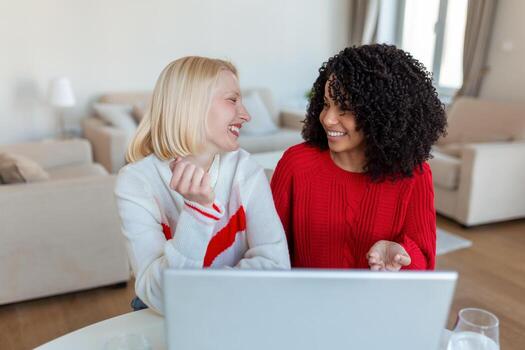 female students cooperating together in university campus searching information for learning on internet websites via new modern laptop computer using free wifi connection indoors photo