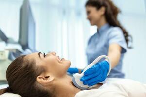 Woman patient receives thyroid diagnostics. Treatment of thyrotoxicosis, and hypothyroidism. Ultrasound diagnostics of the endocrine system and thyroid photo