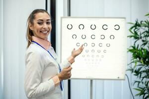 Professional female optician pointing at eye chart, timely diagnosis of vision. Portrait of optician asking patient for an eye exam test with an eye chart monitor at his clinic photo