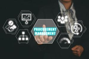 Procurement management concept, Businesswoman hand touching procurement management icon on virtual screen. photo