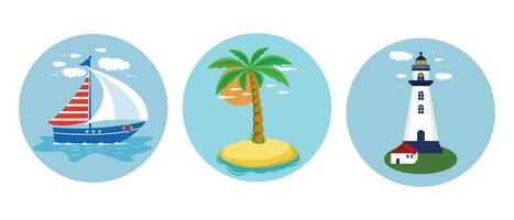 Nautical icons. Icons with palm tree, sailboat and lighthouse. vector